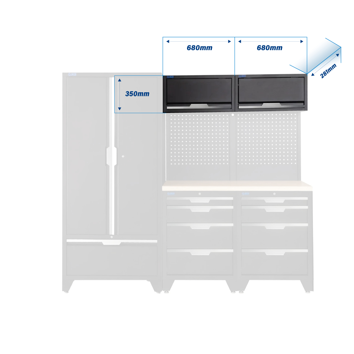 SGS 7pc Modular Garage Storage | 8 Drawers | Plywood Worktop | 2x Upper Cabinets | Tall Double Cabinet with Drawer